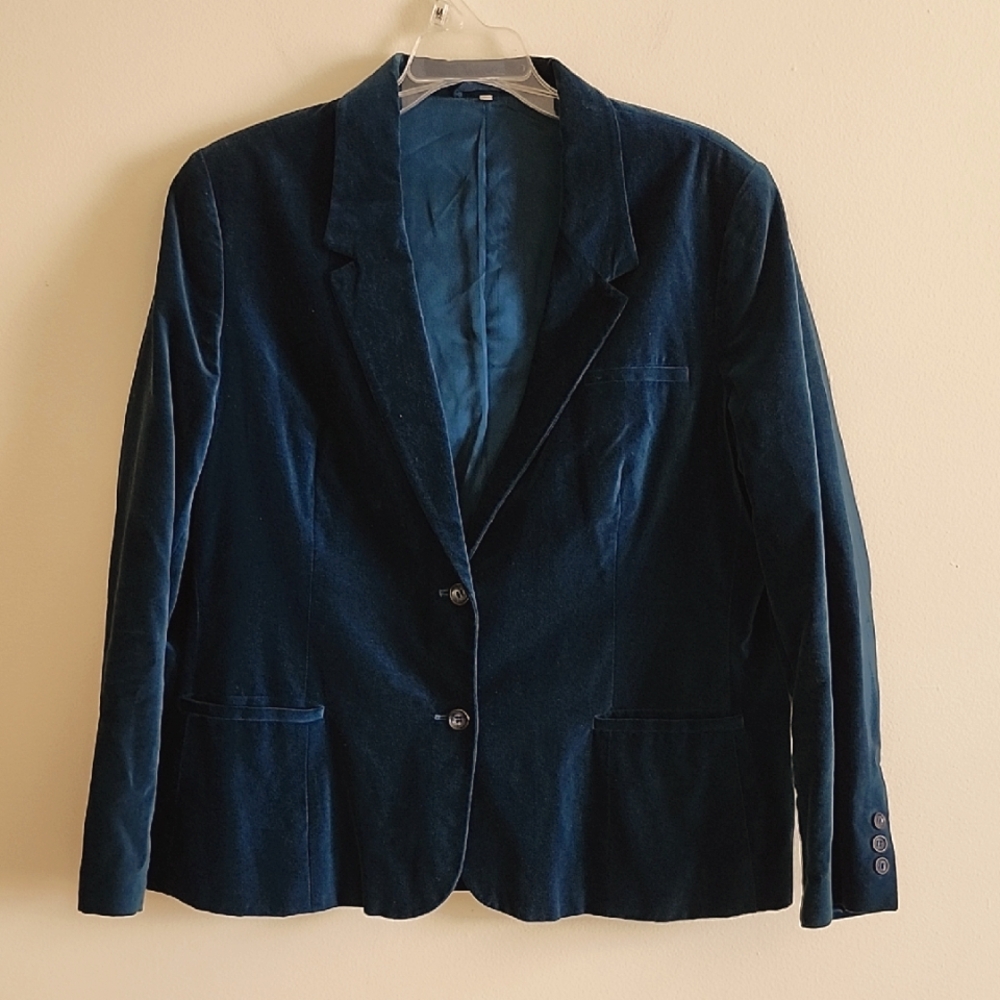 The Fashion Place Vintage Elegant Turquoise Blue Velvet Blazer Holiday Academia